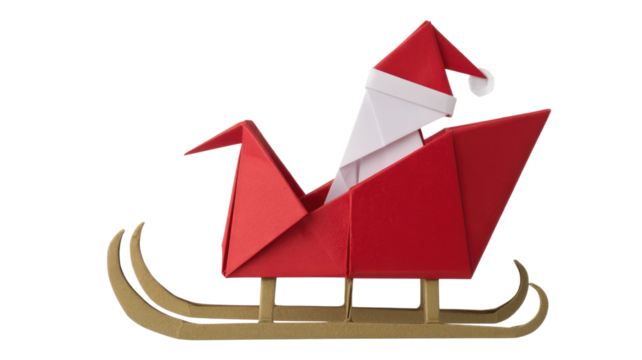Origami Santa Claus in a red paper sleigh with golden runners against a festive transparent background, representing holiday cheer and handmade craft. background removed