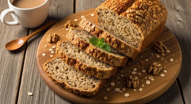 Sliced loaf of nut and seed bread with mint garnish on wooden cutting board and cup