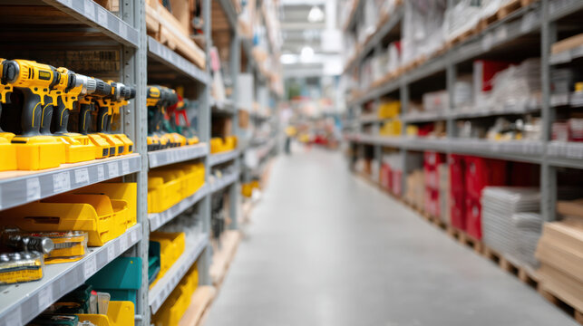 Blurred hardware shop interior showcasing aisles filled with tools and equipment, featuring mockup banner space for product advertisement or text