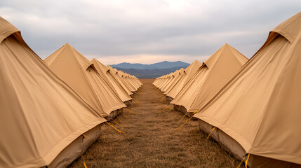 Endless tents in a uniform line stretch across the landscape, under a cloudy sky with distant mountains.  A testament to outdoor gatherings and natural experiences.