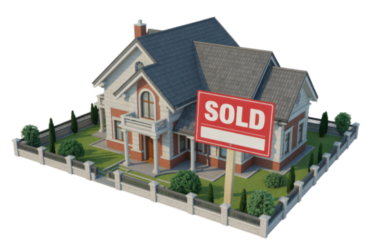 A 3D rendered, modern house with a 'SOLD' sign, featuring a white and brick facade, a fenced yard, and green landscaping. background removed