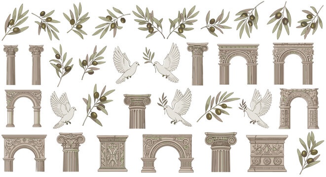 Collection of ancient roman architectural elements and olive branches