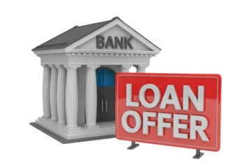 A 3D render depicts a classical bank building next to a prominent red 'LOAN OFFER' sign, symbolizing financial services and credit availability. background removed