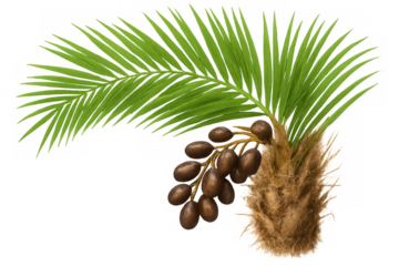 Date palm tree showing a cluster of ripe dates and green leaves, a sweet and healthy fruit with transparent background