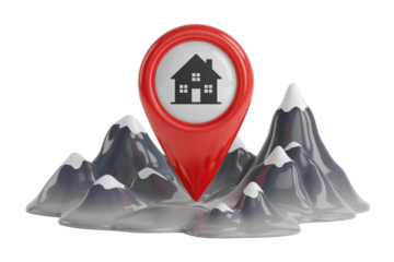 A 3D red location pin with a house icon on a mountain landscape, representing real estate, property location, or housing search. background removed