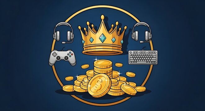 Gaming Crown Controller Keyboard and Headset Money Vector Illustration