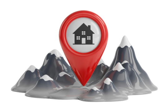 A 3D red location pin with a house icon on a mountain landscape, representing real estate, property location, or housing search. background removed - Powered by Adobe