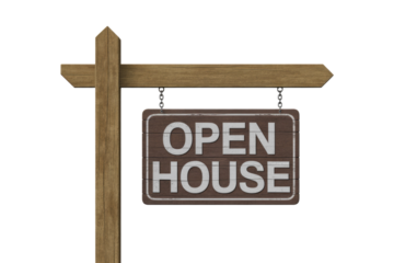 A rustic wooden signpost with an arrow points right, displaying a hanging rectangular brown sign with white "OPEN HOUSE" text, conveying a real estate event. background removed