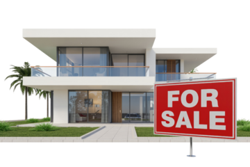 A modern, luxurious white house with glass balconies and a well-kept lawn, featuring a prominent 'FOR SALE' sign. Ideal for real estate listings. background removed