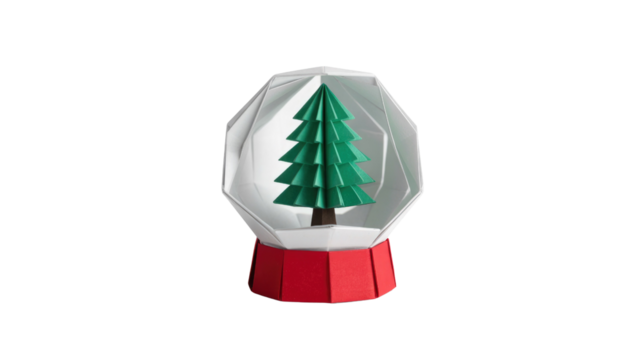 A geometric papercraft snow globe features a green origami Christmas tree inside a faceted clear dome on a red base, perfect for holiday decoration. background removed