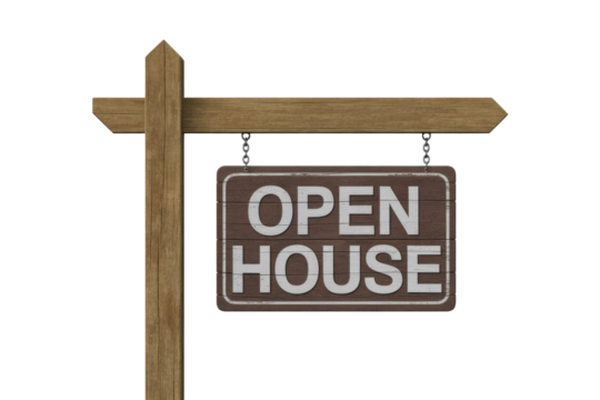 A rustic wooden signpost with an arrow points right, displaying a hanging rectangular brown sign with white "OPEN HOUSE" text, conveying a real estate event. background removed