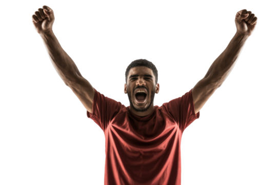 Excited young man in red t-shirt with arms raised, fists clenched, shouting in celebration. Dynamic image conveying victory and success. background removed