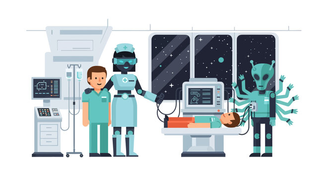 Futuristic Medical Aid and Alien Interaction with Advanced Robotic Healthcare Support