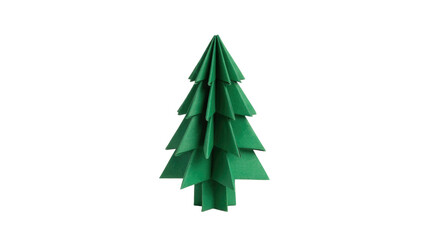 Obraz premium A minimalist, green origami paper Christmas tree stands upright, a festive and handcrafted holiday decoration against a solid background. background removed