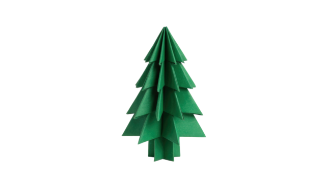 A minimalist, green origami paper Christmas tree stands upright, a festive and handcrafted holiday decoration against a solid background. background removed