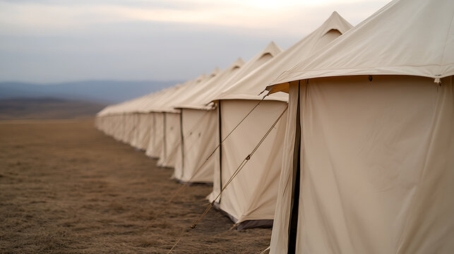 A row of tents stretches into the distance against a muted backdrop, creating a sense of order and temporary community in a serene outdoor setting. 178/180