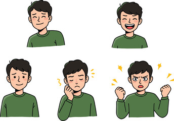 Cartoon character emotion illustration set, expressive face vector, human feelings artwork, educational clipart design, emotional recognition character poses