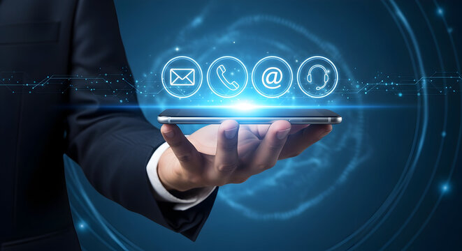 Professional businessman holding smartphone with digital contact icons for seamless business communication - Powered by Adobe