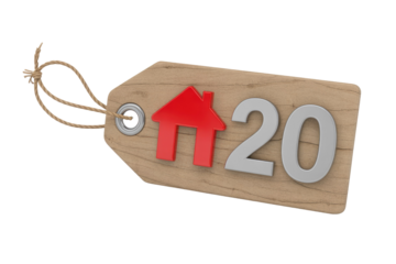 Rustic wooden tag with a red house icon and silver '20', symbolizing property, mortgage rates, or real estate offers. background removed