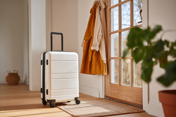 Modern white suitcase by the door in a bright room