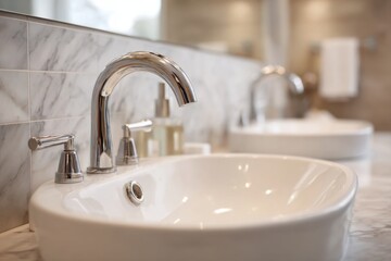 Fototapeta premium Modern bathroom sink with chrome faucet and marble countertop