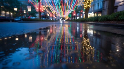 Fototapeta premium Vibrant Christmas Street Lights Reflection on Wet Pavement – Atmospheric Winter Holiday Cityscape with Festive Decorations, Colorful Illumination and Moody Depth of Field – Urban Night Scene, Seasonal