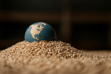 A tiny globe, illustrating North America, sits atop a pile of grain. A concept image symbolizing global agriculture, food production, and distribution on planet Earth.