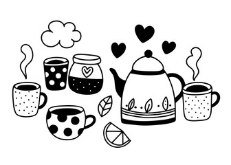Tea Time Doodle Clipart | Hand-Drawn Teapot & Cup Illustrations | Black & White Minimal Line Art Set for Stickers, Journals, Scrapbooking, and Digital Design