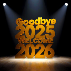Golden 3d numbers goodbye 2025 welcome 2026 illuminated by spotlights on a stage floor with dark background isolated on white background isolated on transparent background silhouette