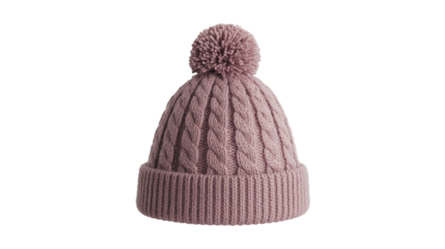 A cozy, dusty rose cable knit beanie hat with a fluffy pompom, perfect for winter warmth and fashion. background removed
