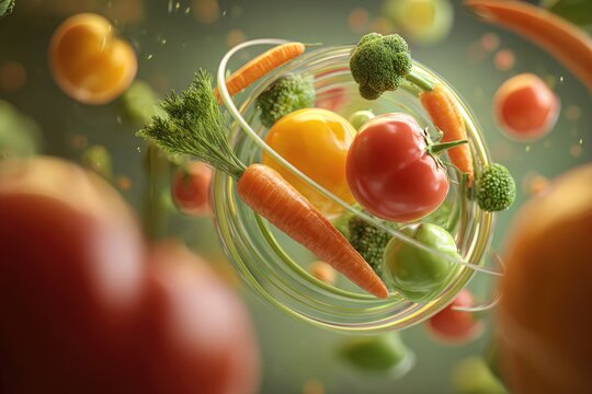 Vibrant fresh vegetables, including carrots, tomatoes, broccoli, and bell peppers, orbit dynamically within translucent rings, symbolizing healthy eating.
