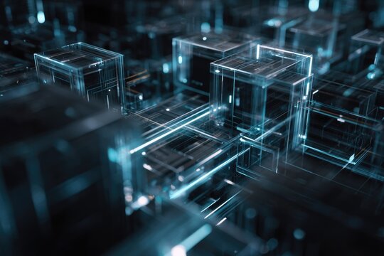 A futuristic digital landscape featuring glowing blue translucent cubes and interconnected lines, symbolizing advanced technology, data networks, and complex computing infrastructure. - Powered by Adobe