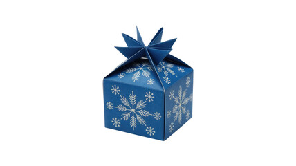 Fototapeta premium A festive blue gift box adorned with white snowflakes, featuring a unique star-fold top, perfect for winter holiday treats or small presents. background removed