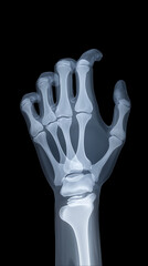 X-ray image displaying the bone structure of a hand with the arm, set against a stark black background. Medical imaging showcases skeletal details clearly.