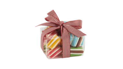 A clear plastic box filled with colorful, layered candies, tied with a festive red and white striped ribbon and bow, presented as a sweet gift. background removed
