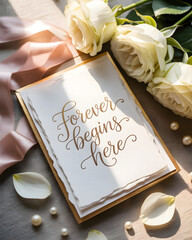 Romantic Wedding Invitation: Gold Script 'Forever Begins Here' with White Roses