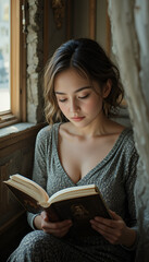 Young woman reading a book while sitting by the window indoor  