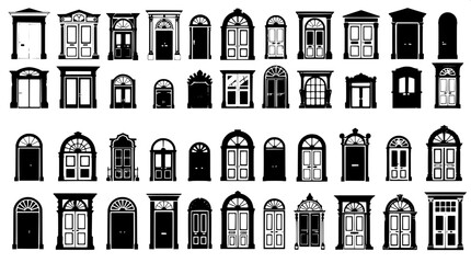 “Vector illustration in monochrome showing a grid of varied door silhouettes. Each door is rendered with sharp outlines and minimal detailing, emphasizing diverse architectural forms on a pure white b