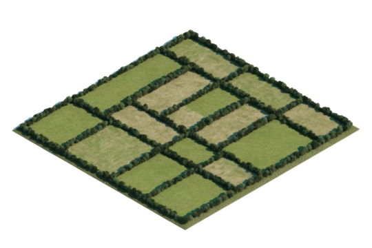 An isometric view of a patchwork landscape featuring varying green fields bordered by dense hedges, ideal for game assets or maps. background removed