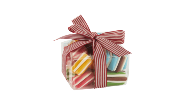 A clear plastic box filled with colorful, layered candies, tied with a festive red and white striped ribbon and bow, presented as a sweet gift. background removed