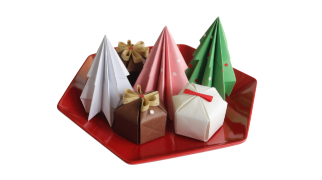A festive arrangement of colorful origami Christmas trees and gift boxes sits on a red tray, ideal for holiday decor. background removed