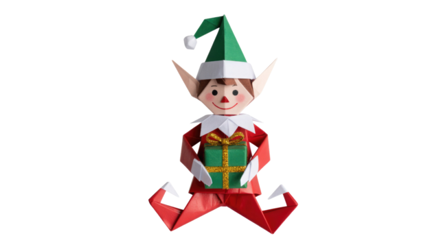 An adorable origami Christmas elf with a green hat and red suit, holding a glittery green gift box, against a solid transparent background. background removed - Powered by Adobe