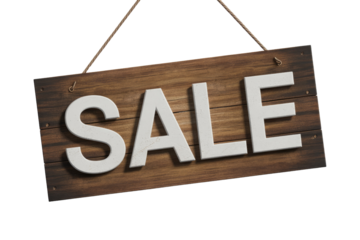 A rustic wooden sign prominently displays the word "SALE" in bold, white 3D letters, suspended by ropes against a solid transparent background, signifying a discount. background removed