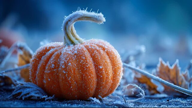 A beautiful pumpkin sits among frost-covered leaves, showcasing its bright orange hue against a chilly blue backdrop. The frost on the pumpkin enhances its stunning texture during