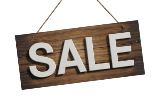 A rustic wooden sign prominently displays the word "SALE" in bold, white 3D letters, suspended by ropes against a solid transparent background, signifying a discount. background removed