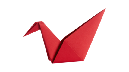 A beautifully folded red origami crane, a timeless symbol of hope and peace, displayed against a solid transparent background. background removed