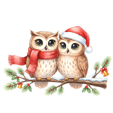 Cute watercolor illustration of two owls sitting close together on a snowy Christmas branch decorated with holly, bells, and pine leaves, one wearing a red scarf and the other a Santa hat, festive hol