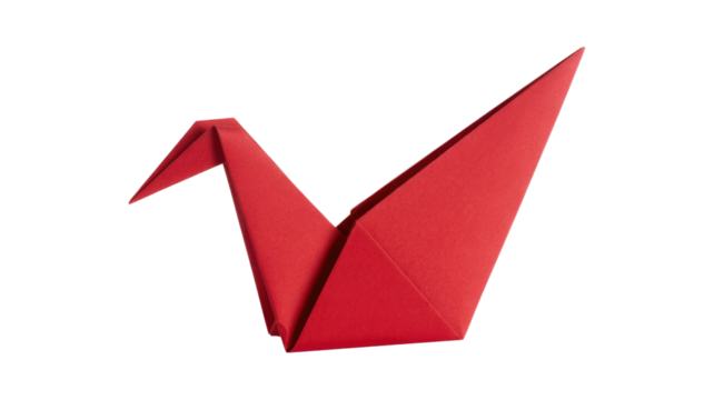 A beautifully folded red origami crane, a timeless symbol of hope and peace, displayed against a solid transparent background. background removed - Powered by Adobe