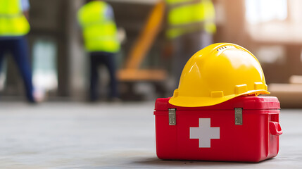 Safety First: Yellow hardhat on a red first aid kit, a symbol of workplace safety and health precautions. Workers in vests are in the background.