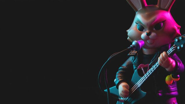 Rock-concert Easter bunny plays electric guitar and sings into a mic under neon lights on black, fun holiday music banner - Powered by Adobe